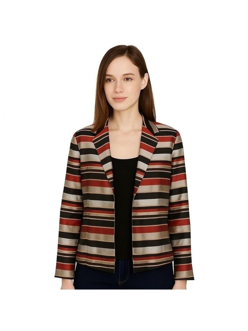 ann May Vintage Striped Lined Open Front Blazer Jacket Medium 100% Woven Silk